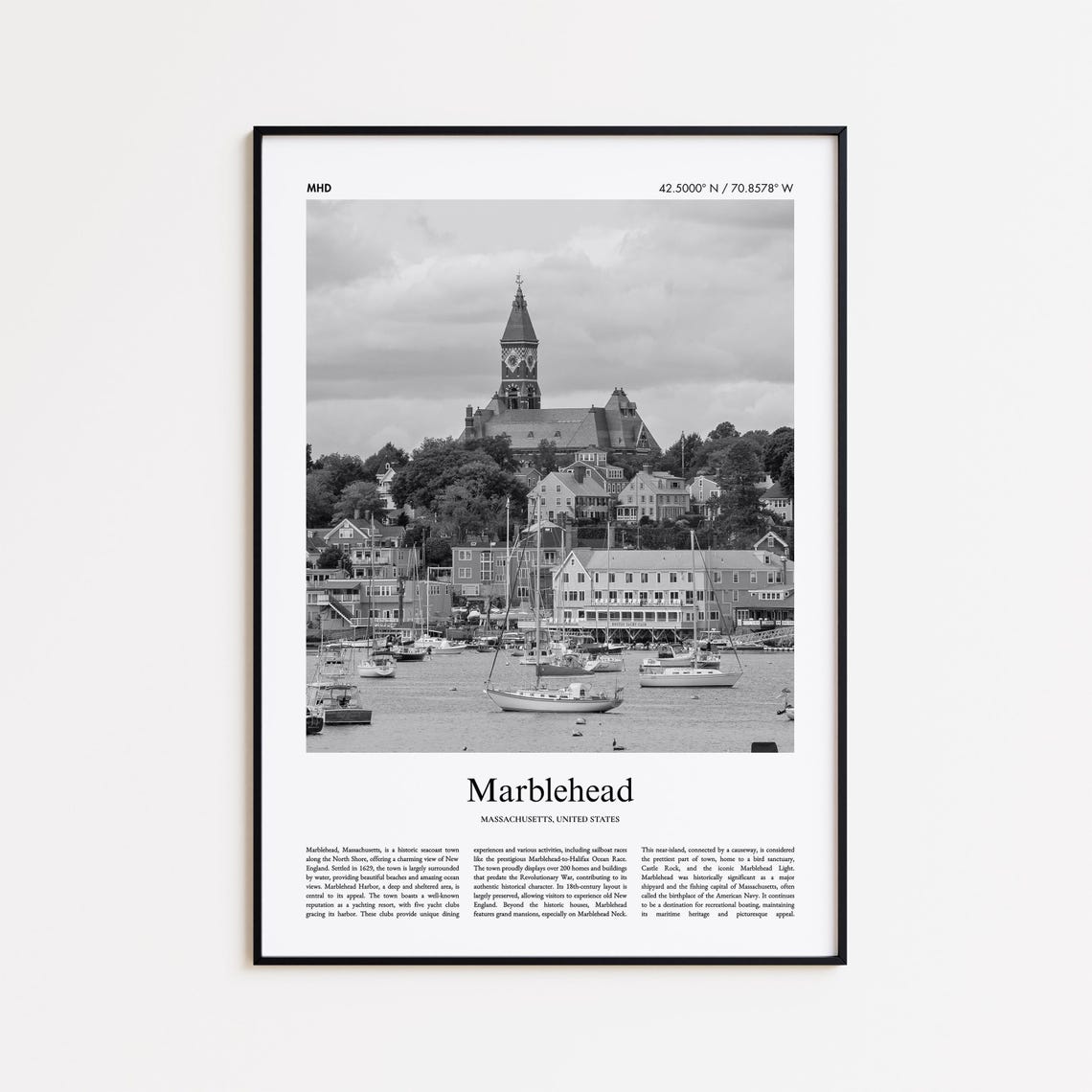 Marblehead Massachusetts Harbor Boats Black And White Travel Poster