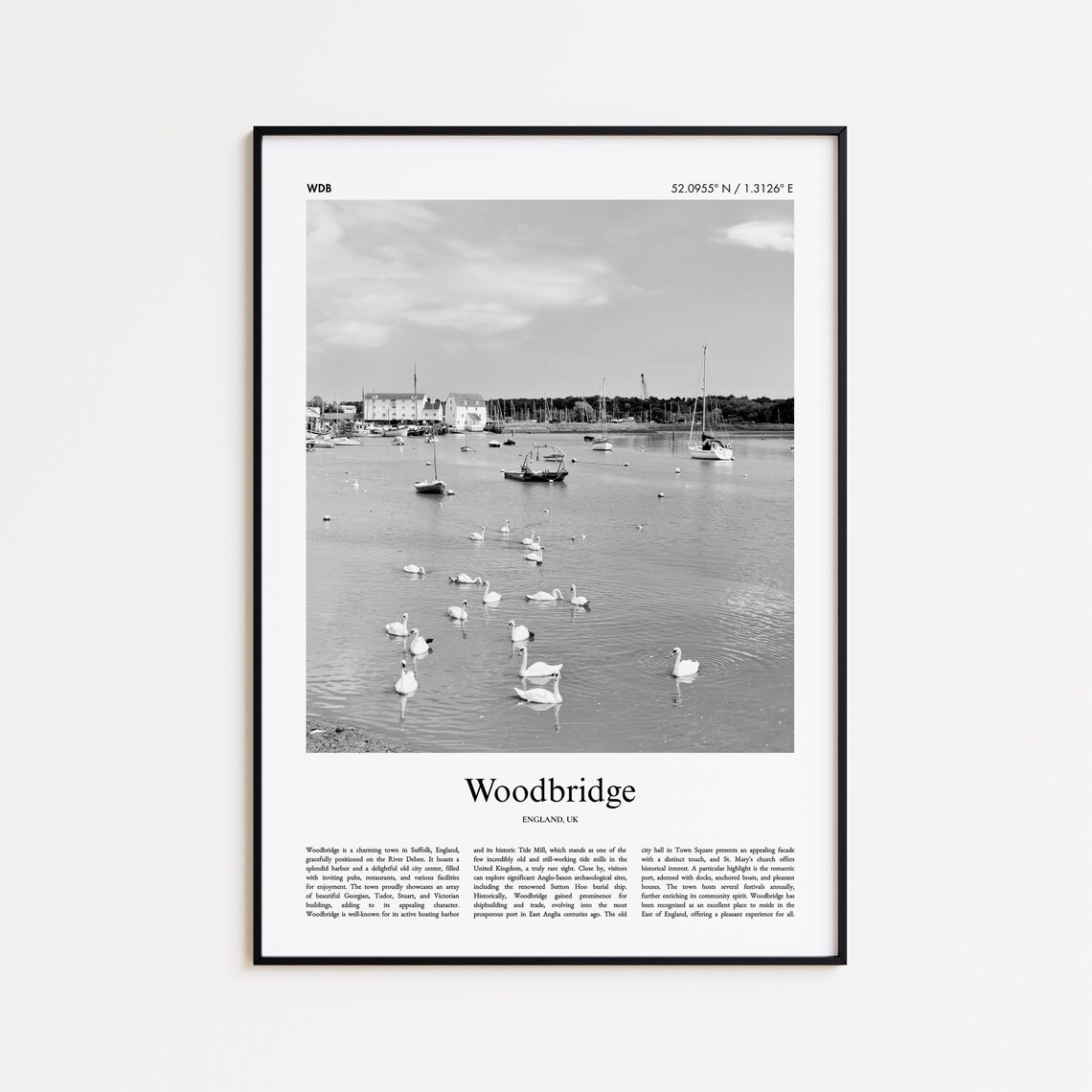 Woodbridge England Harbor Swans Black White Photo Travel Poster