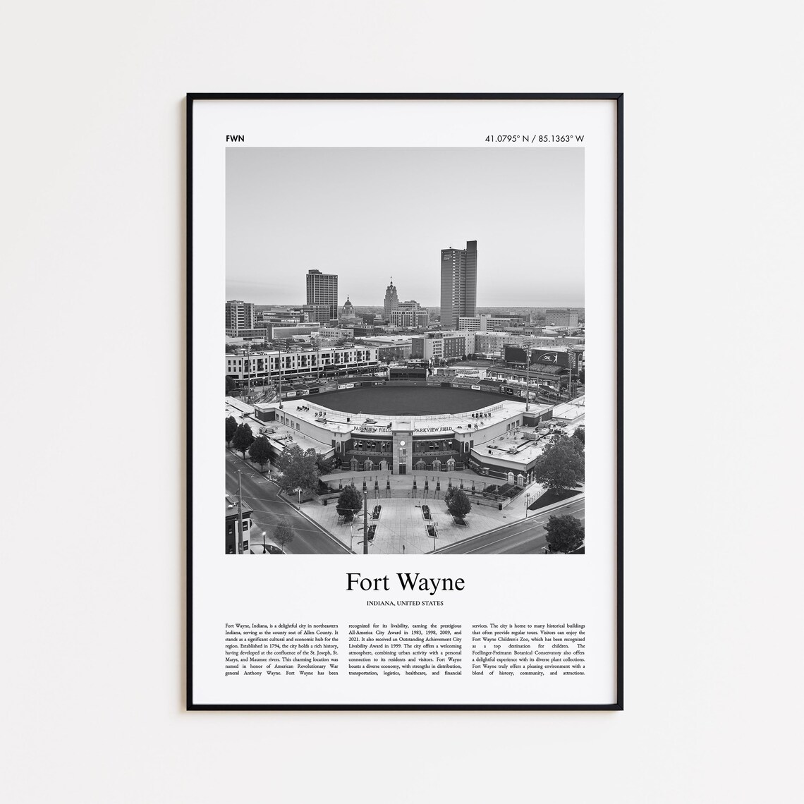 Fort Wayne Indiana Black And White Skyline Photo Travel Poster