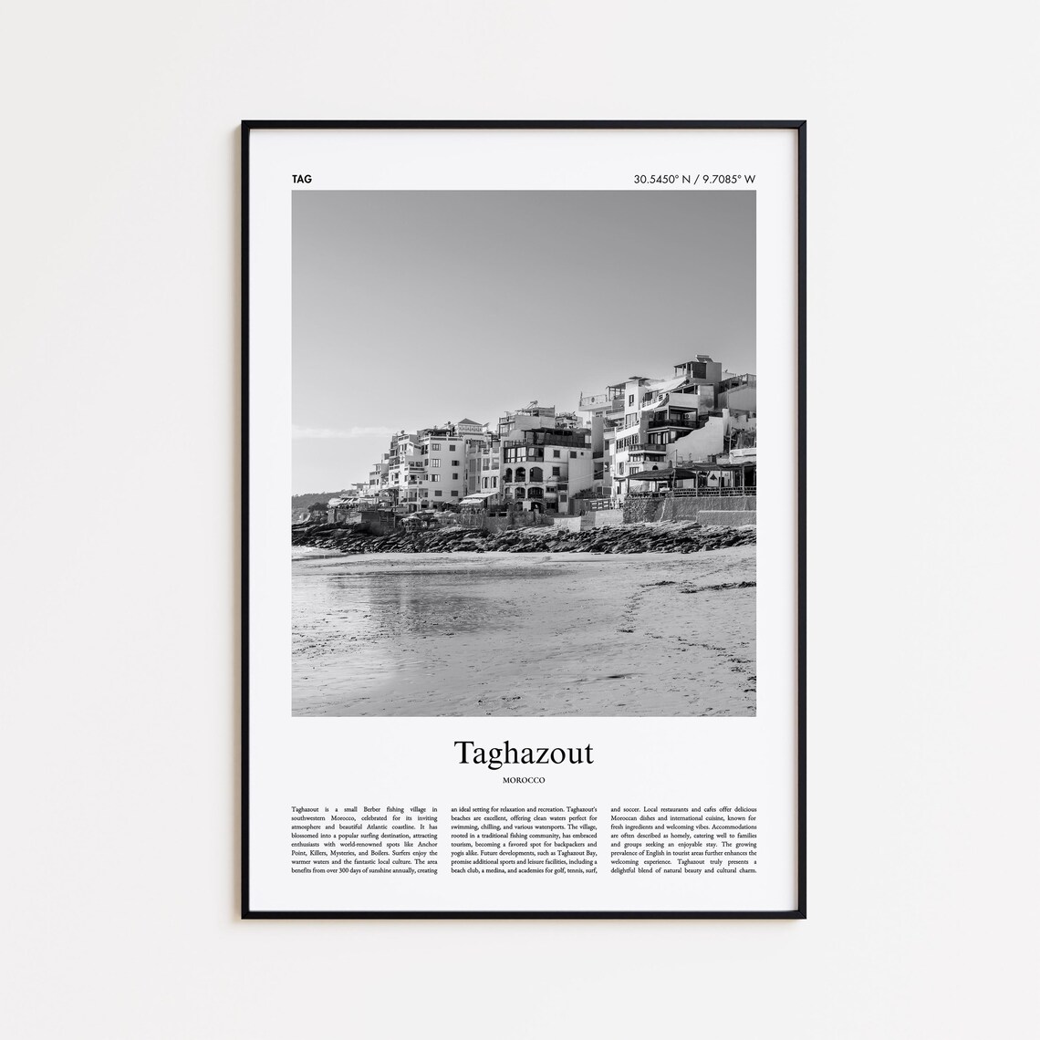 Taghazout Morocco Surf Village Beachfront Black and White Travel Poster