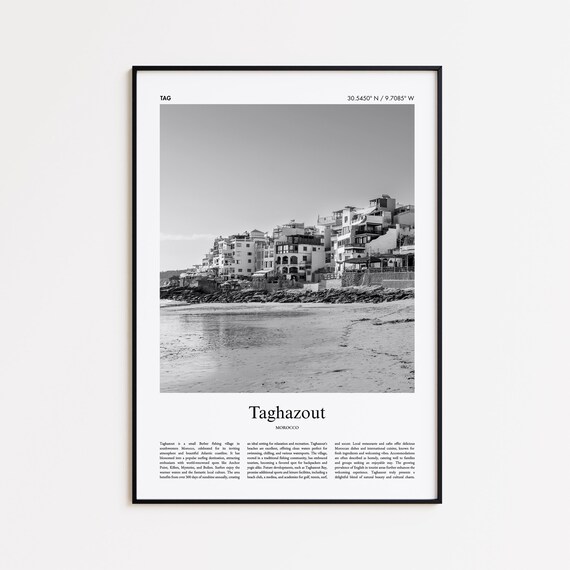 Taghazout Morocco Surf Village Beachfront Black and White Travel Poster