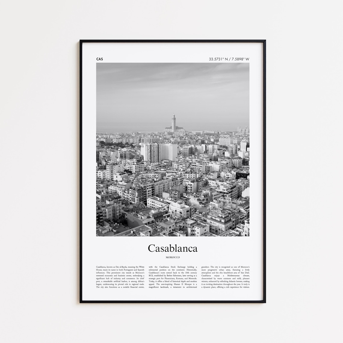 Casablanca Morocco Black And White Cityscape Travel Photo Poster