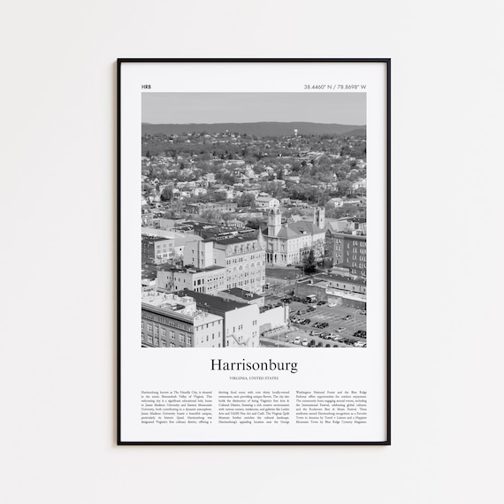 Harrisonburg Virginia Black And White Aerial Downtown Photo Travel Poster