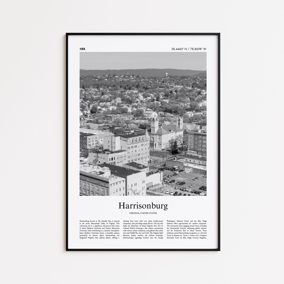 Harrisonburg Virginia Black And White Aerial Downtown Photo Travel Poster