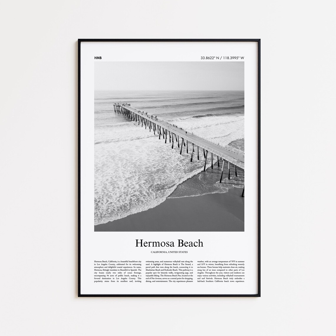 Hermosa Beach California Black and White Ocean Pier Photo Print