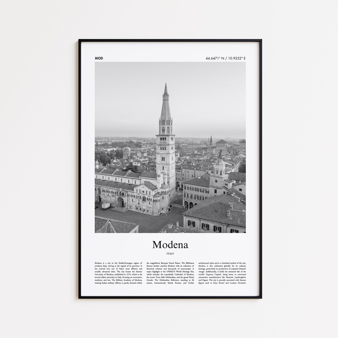 Modena Cathedral Tower Black And White Italy Emilia Travel Poster
