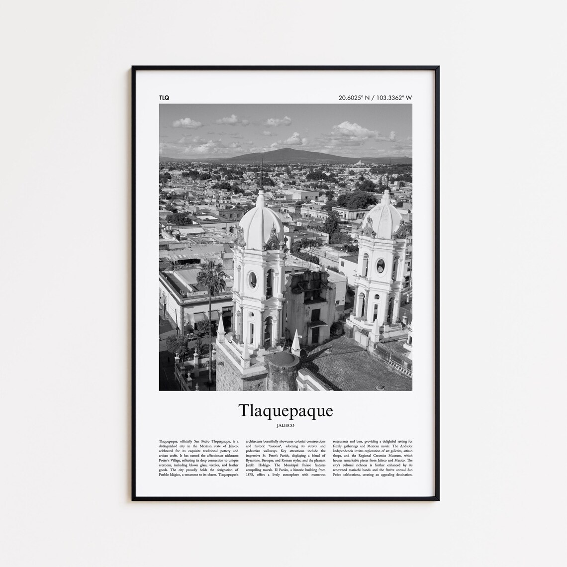 Tlaquepaque Jalisco Black And White Church Towers Travel Poster