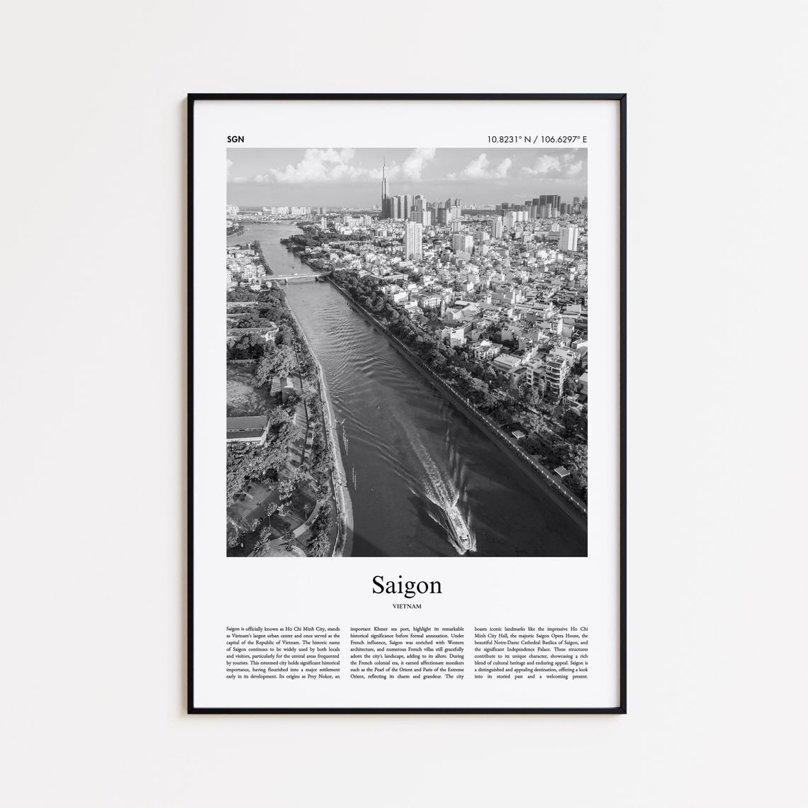Saigon Vietnam Black And White River City Skyline Travel Poster