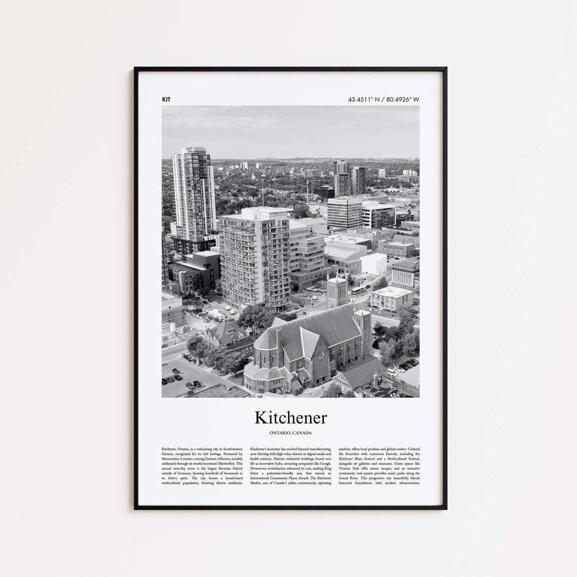 Kitchener Ontario Black and White Aerial Photo Travel Poster