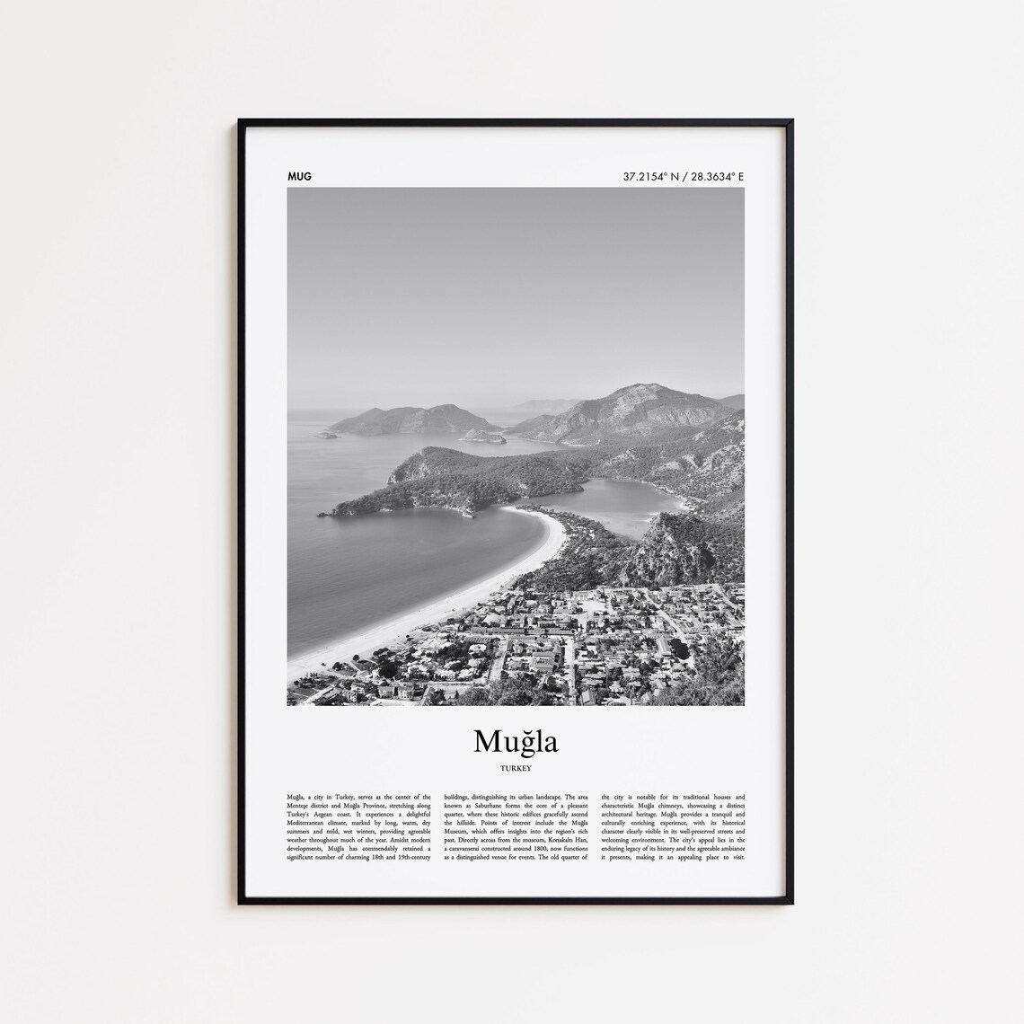 Mugla Turkey Black And White Coastal Bay Aerial Photo Poster