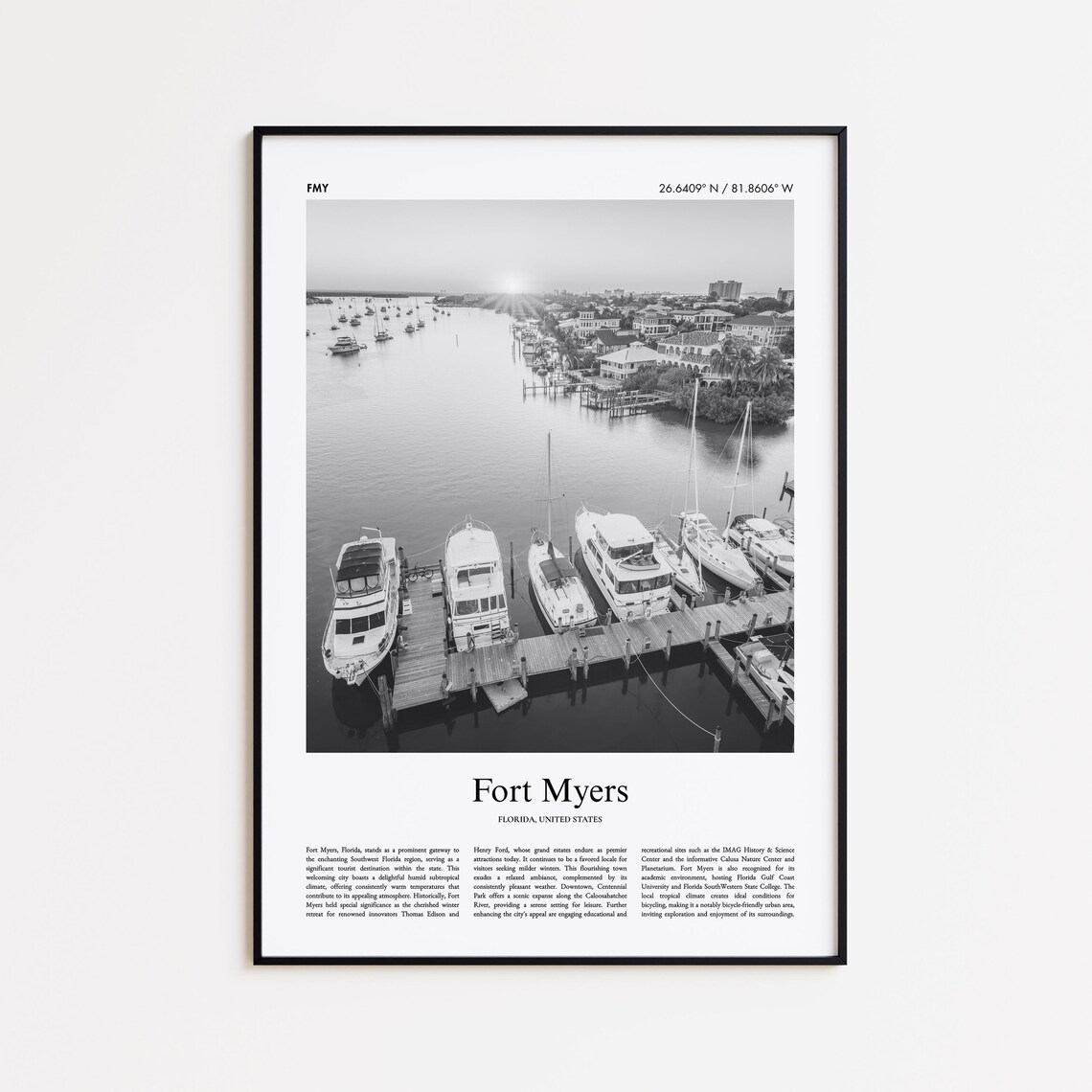 Fort Myers Florida Black and White Marina Aerial Photo Poster