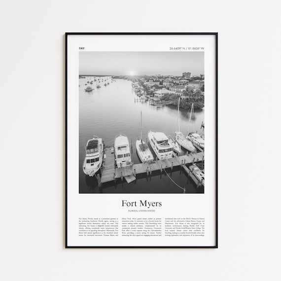 Fort Myers Florida Black and White Marina Aerial Photo Poster