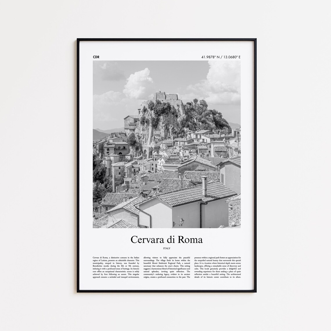 Cervara di Roma Italy Hilltop Village Black White Photo Poster