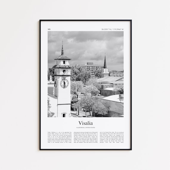 Visalia California Black And White Photo City Coordinates Travel Poster