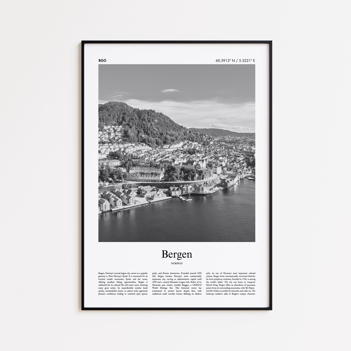 Bergen Norway Black and White Fjord Harbor Photography Poster