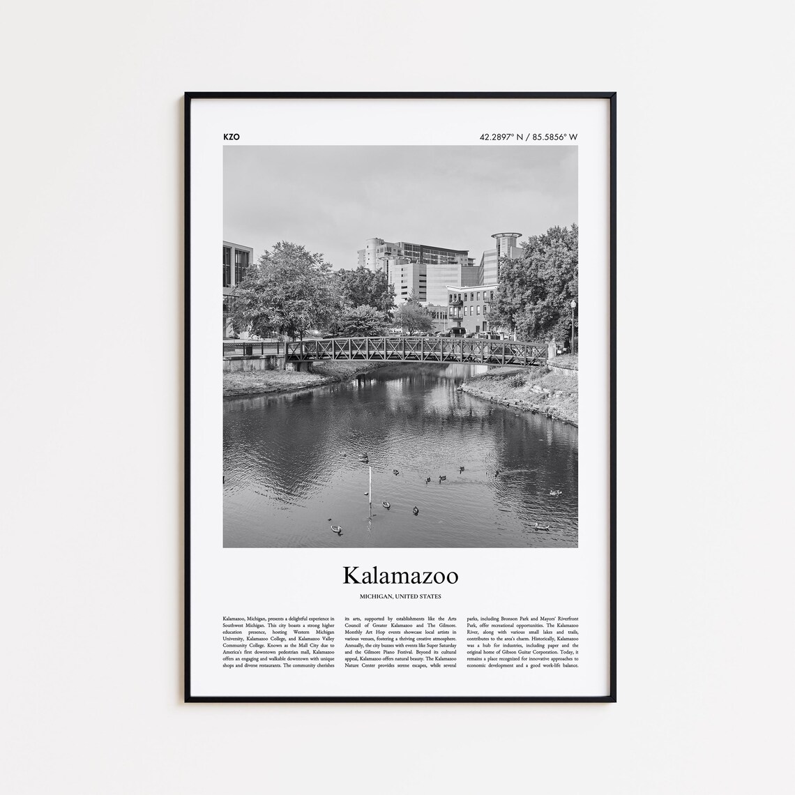 Kalamazoo Michigan River Bridge Black and White Travel Poster