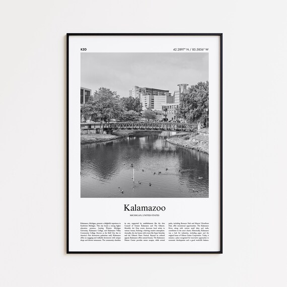 Kalamazoo Michigan River Bridge Black and White Travel Poster