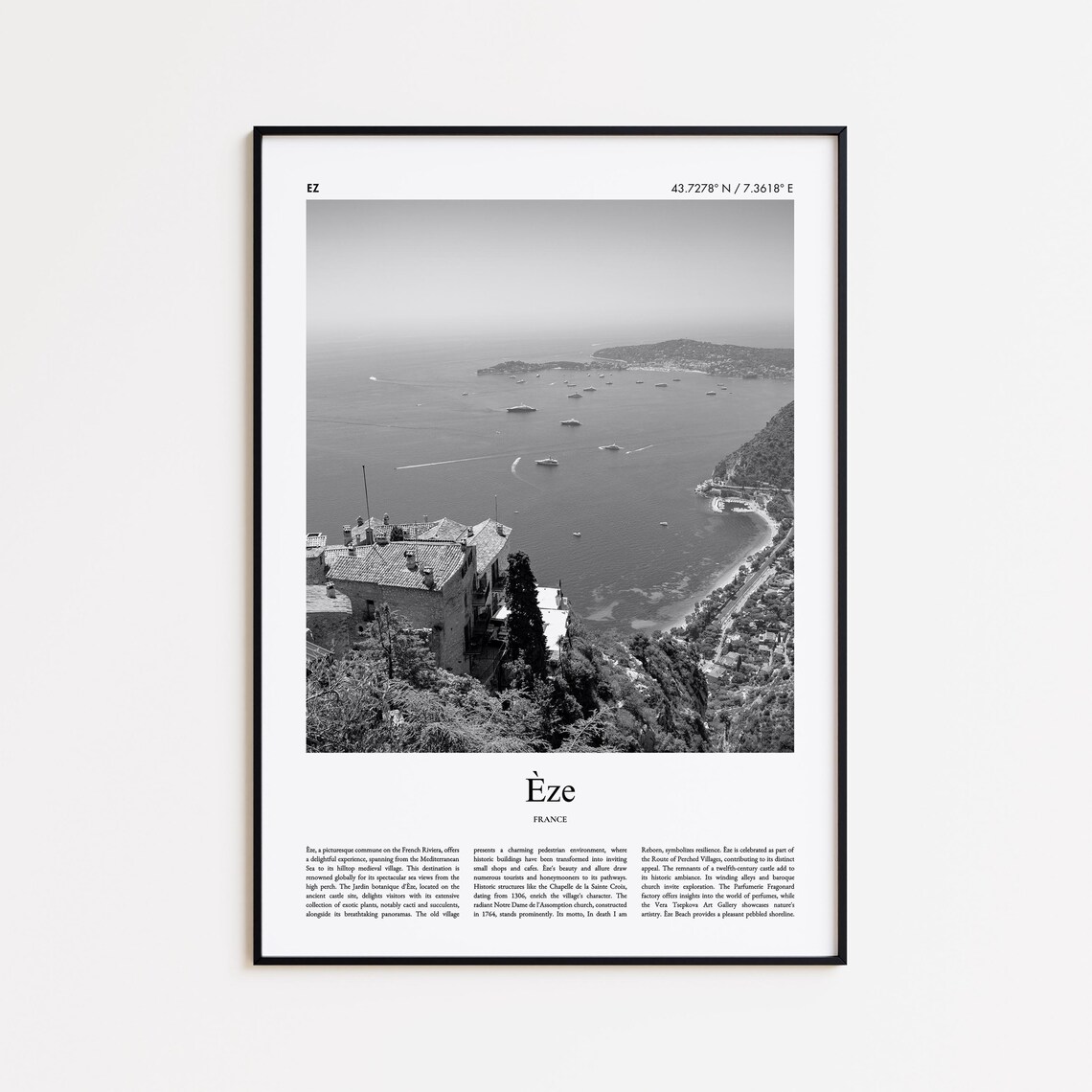 Èze French Riviera Cliffside Village B&W Photo Travel Poster