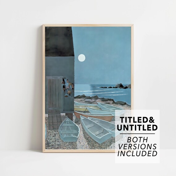 New Yorker Style Moonlit Cove with Rowboats and a Weathered Boathouse Poster