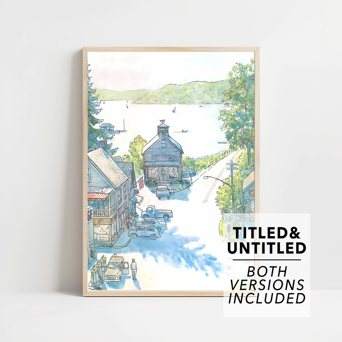 Lakeside Village Summer Day Watercolor Small Town Scene Art Poster