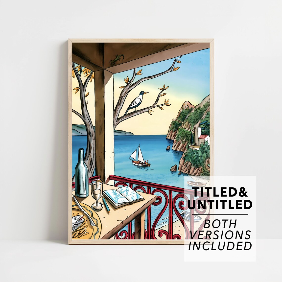 Mediterranean Terrace Wine Sailboat Seagull Coastal Illustration Poster