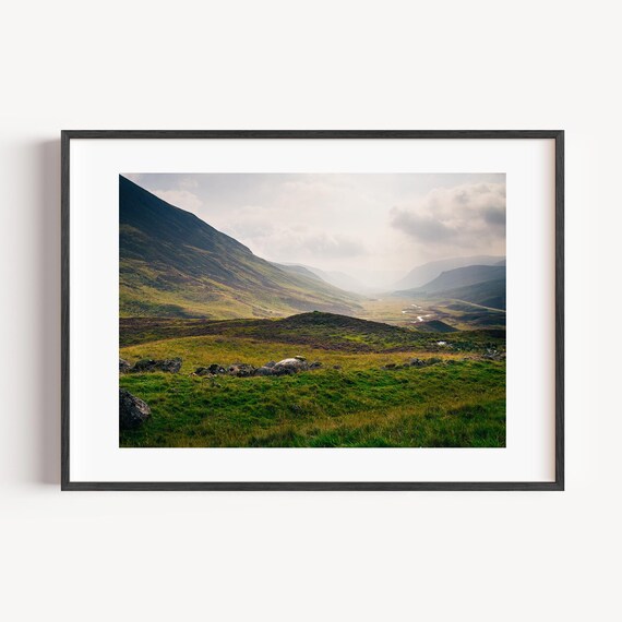 Scottish Highlands Misty Valley Green Hills Landscape Photo Poster