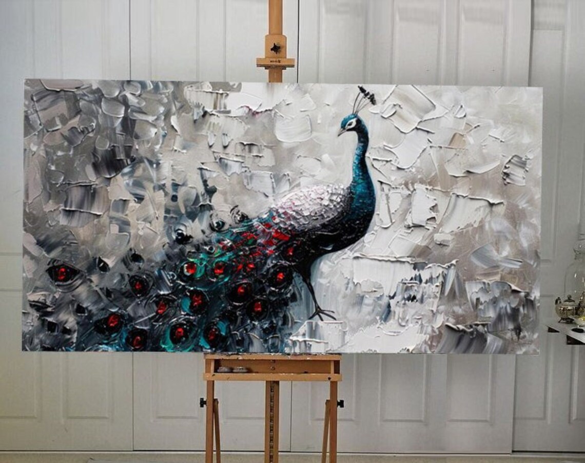 Peacock Oil Painting, Grey Background Art Print