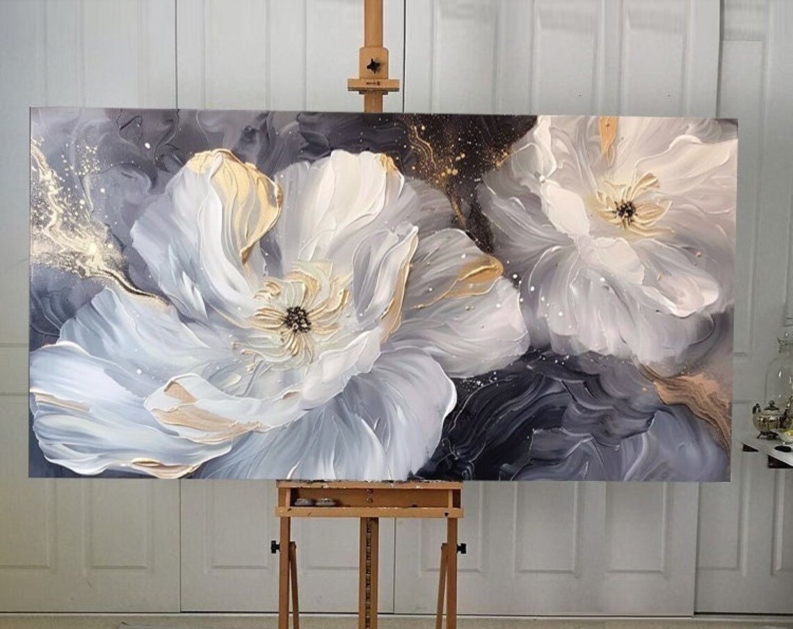 Oversized White Peony Blossoms With Gold Petals Floral Poster
