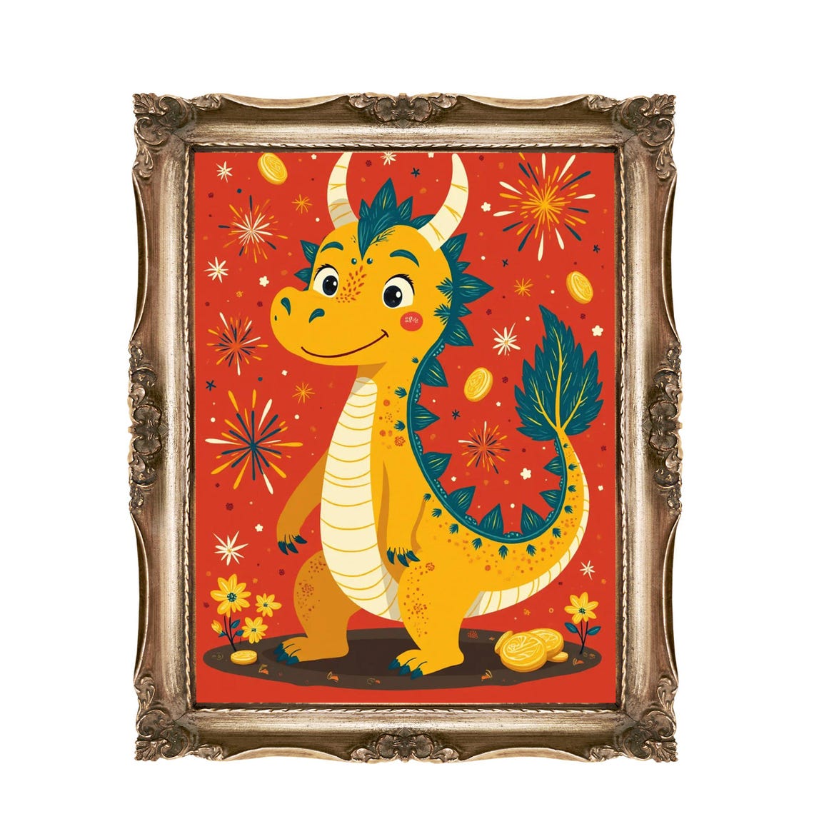 Cute Cartoon Dragon With Fireworks Gold Coins Chinese New Year Poster