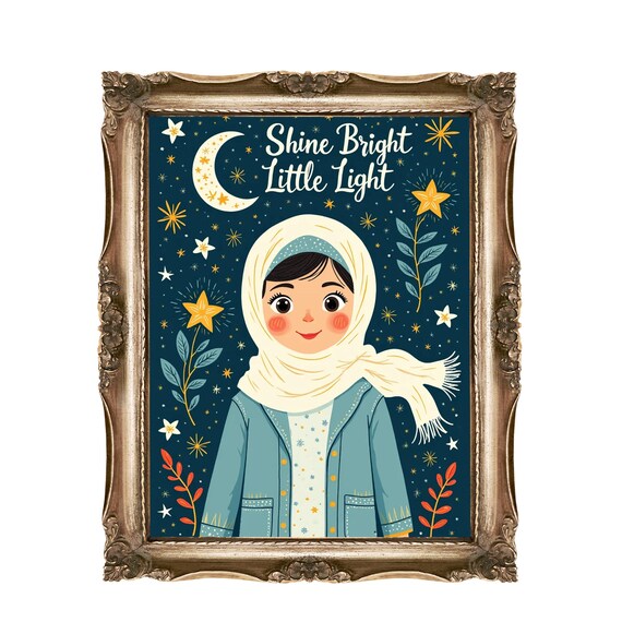 Shine Bright Little Light Wall Art Girl In Hijab Nursery Decor Star Kids Room Islamic Print