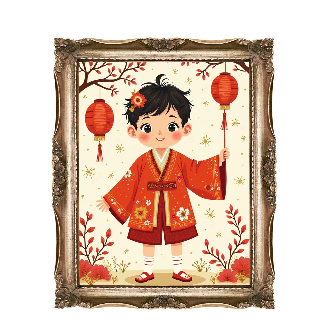 Chinese New Year Boy With Red Lanterns Lunar Festival Poster