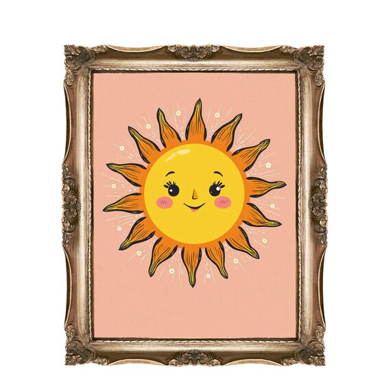 Cheerful Smiling Sun Face Pink Background Kids Nursery Wall Art