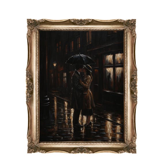 Romantic Kiss Wall Art Dark Moody Couple In Rain Umbrella Print Night Street Home Decor