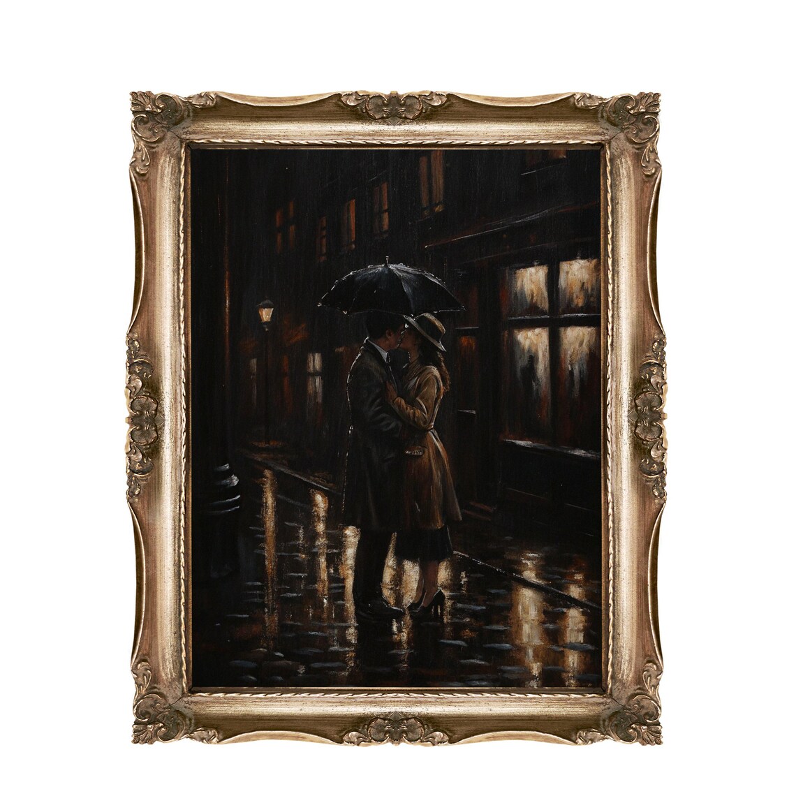 Romantic Couple Kissing Under Umbrella Rainy Night Painting Poster