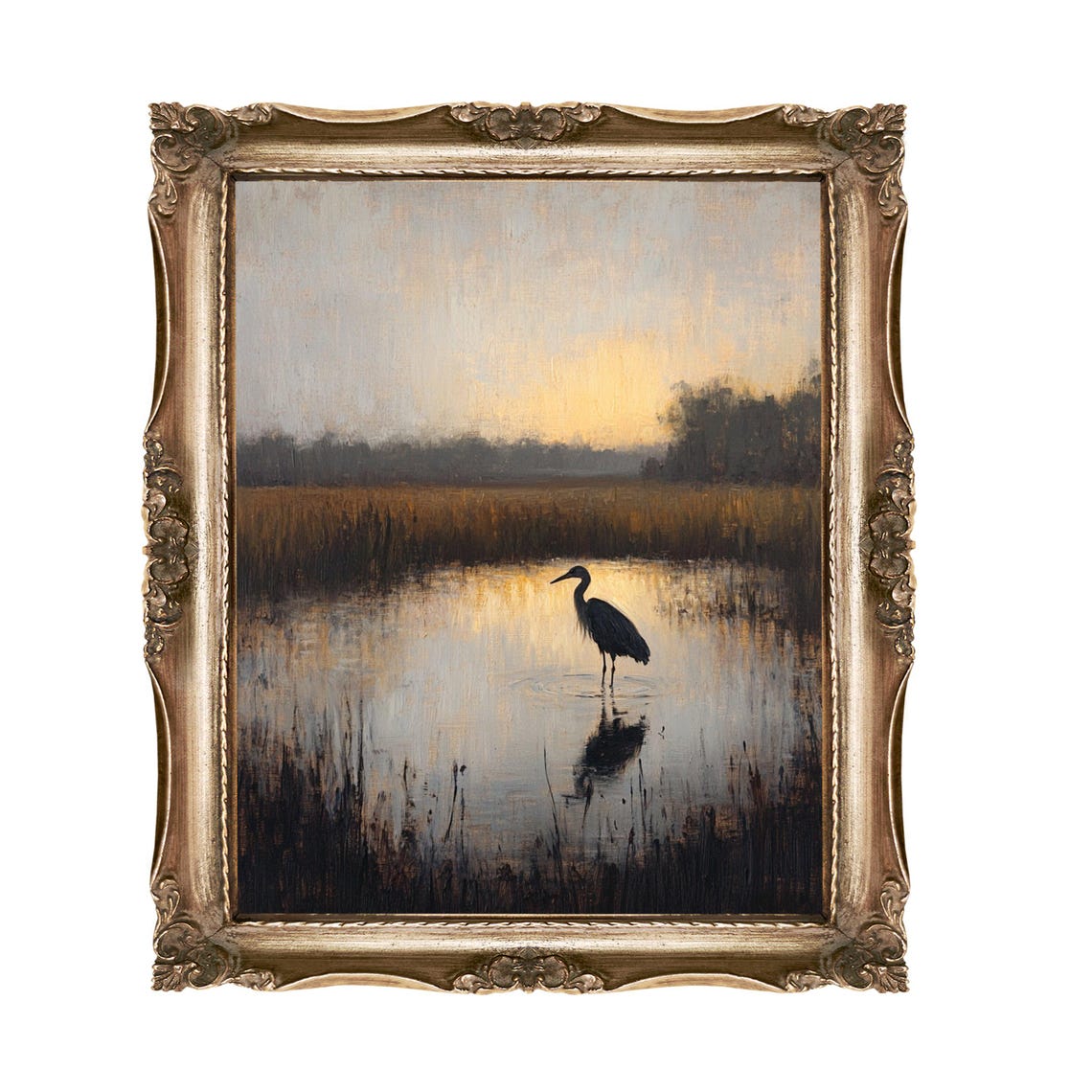 Great Blue Heron Standing in a Misty Marsh at Dawn Art Poster