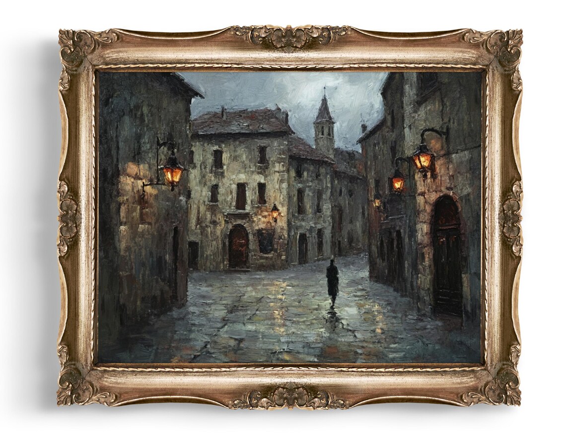 Rainy Old Town Cobblestone Street Evening Oil Painting Poster