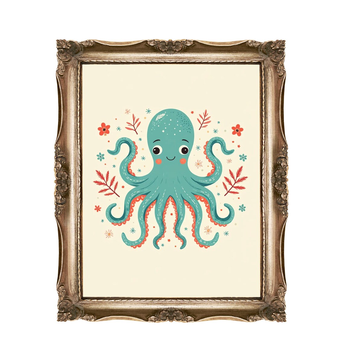 Cute Teal Octopus Ocean Under The Sea Nursery Kids Room Poster