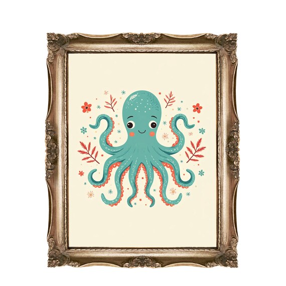 Cute Teal Octopus Ocean Under The Sea Nursery Kids Room Poster