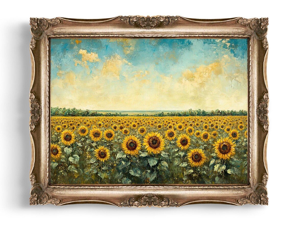 Sunflower Field Under Bright Blue Summer Sky Vintage Art Poster