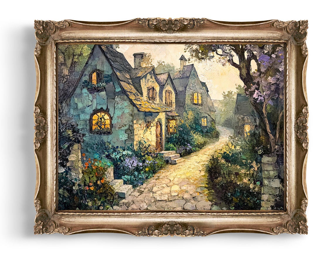 Stone Cottage Village Rustic Countryside Impressionist Painting Poster