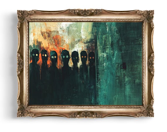 Creepy Vintage Style Wall Art Eerie Crowd Painting Dark Print Unsettling Home Decor Shadows Abstract Spooky Horror Illustration