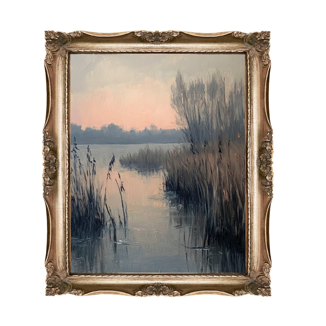Misty Lake At Dawn Reeds And Reflections Serene Landscape Oil Print
