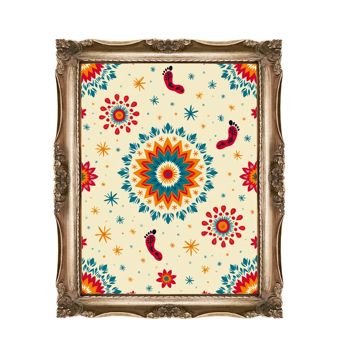 Boho Baby Footprint Floral Mandala Colorful Nursery Wall Art
