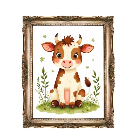 Cute Baby Cow Calf Watercolor Meadow Nursery Kids Room Wall Art