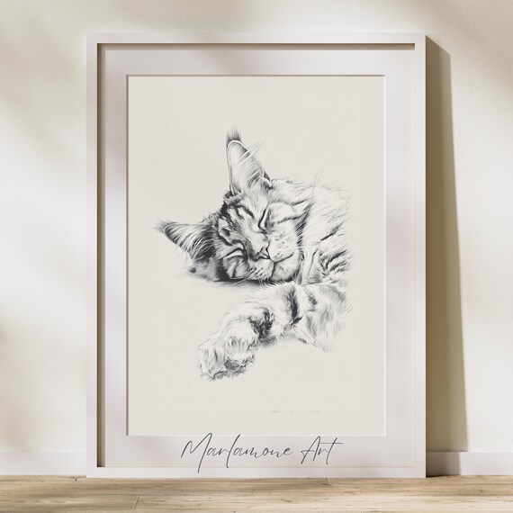 Sleeping Tabby Kitten Pencil Sketch Minimalist Cat Art Poster