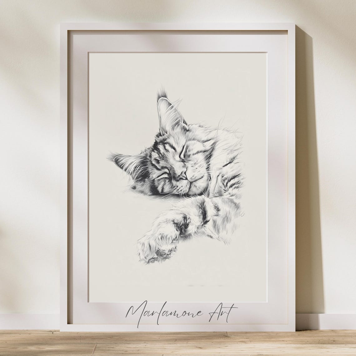 Sleeping Tabby Kitten Pencil Sketch Minimalist Cat Art Poster