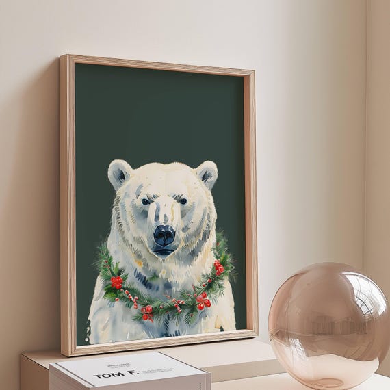 Polar Bear Christmas Garland Green Winter Whimsical Art Poster