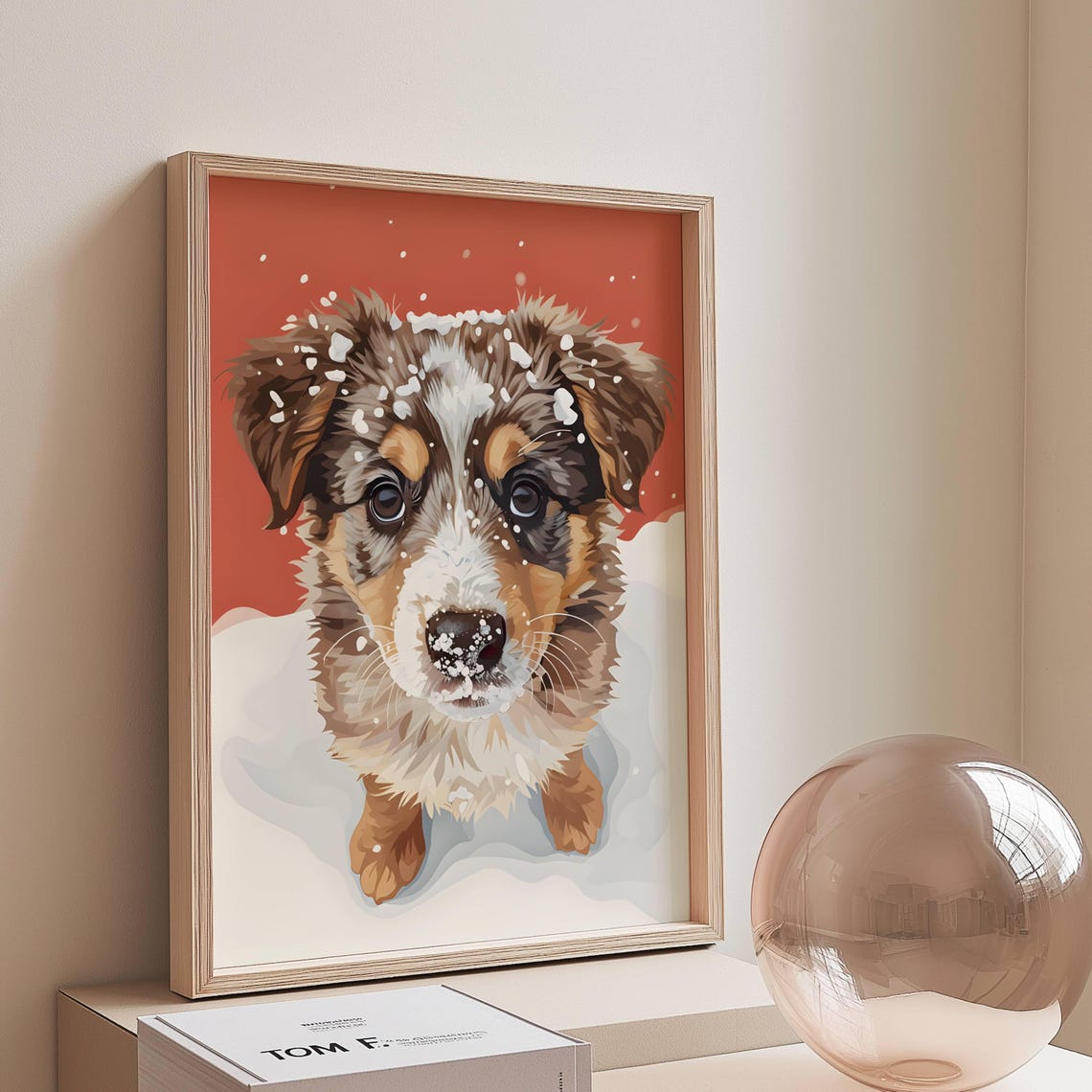 Tricolor Puppy First Snow Red Background Adorable Dog Art Poster