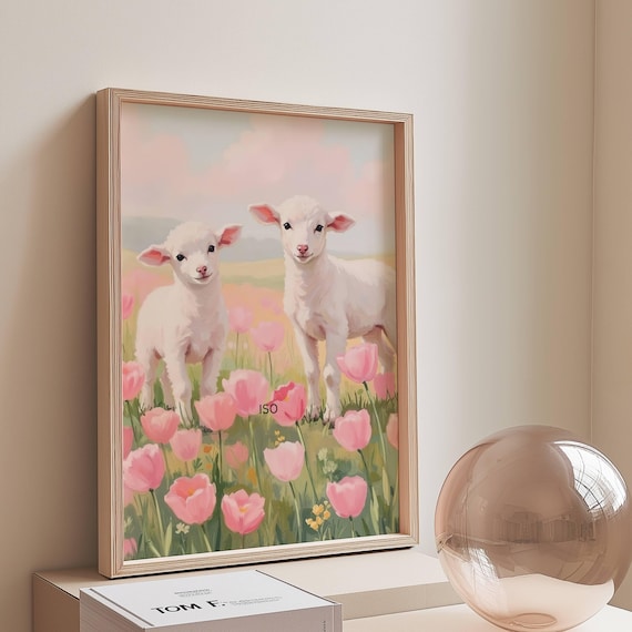 Spring Tulip Meadow Sheep Art Print Flowers And Lambs Poster Easter Pink Home Decor Instant