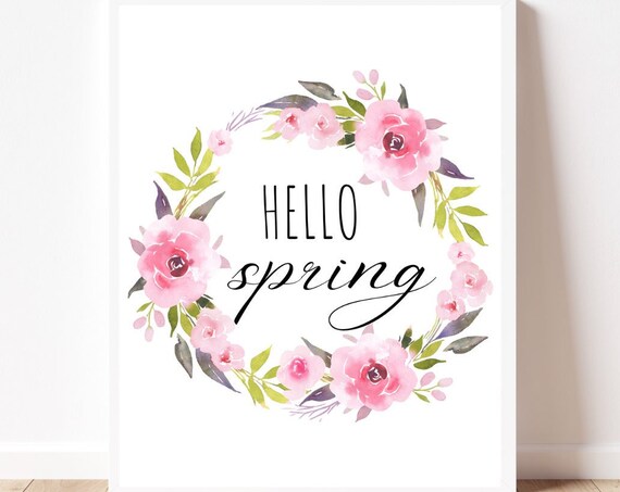 Hello Spring Pink Floral Wreath Watercolor Farmhouse Decor Poster